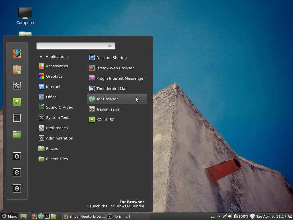 Tor Browser Launcher in the menu